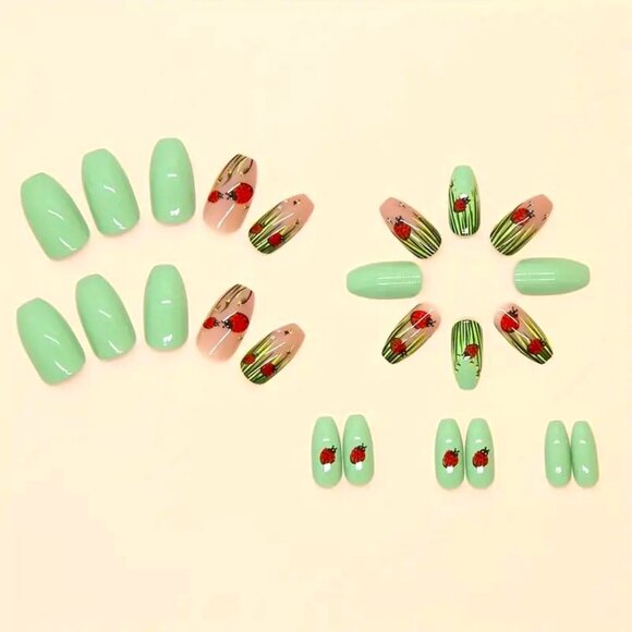 Fake Nails Ladybug Press On Style Spring Flower Manicure Summer Fun Vacation NEW - Picture 2 of 5